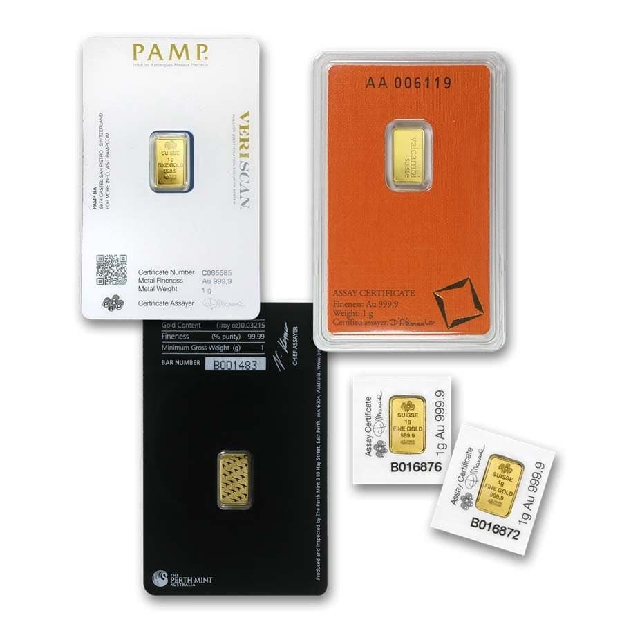 1 gram Gold Bar (Carded Brand Varies)- PAMP, Valcambi, IGR, Royal Mint 1g Gold