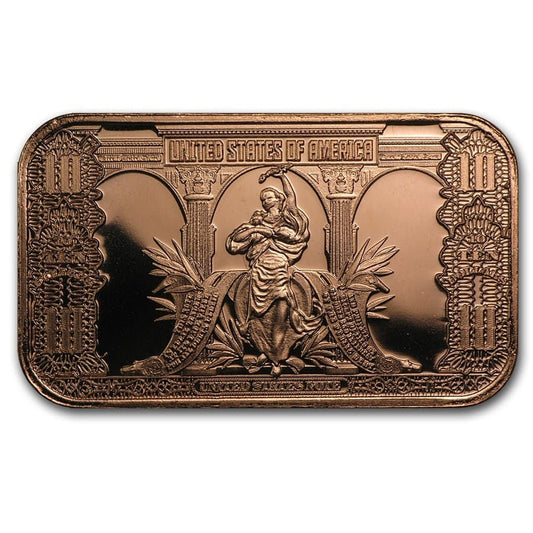 1 oz Copper Bar - $10 Bison Note