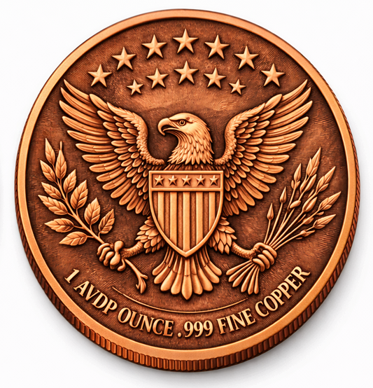 Copper coin with an eagle design on a white background
