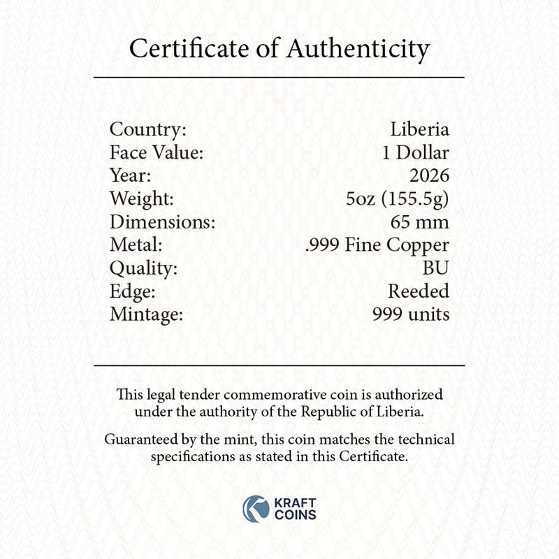 2026 Liberia Andalusian Horse 5 oz copper coin Certificate of Authenticity