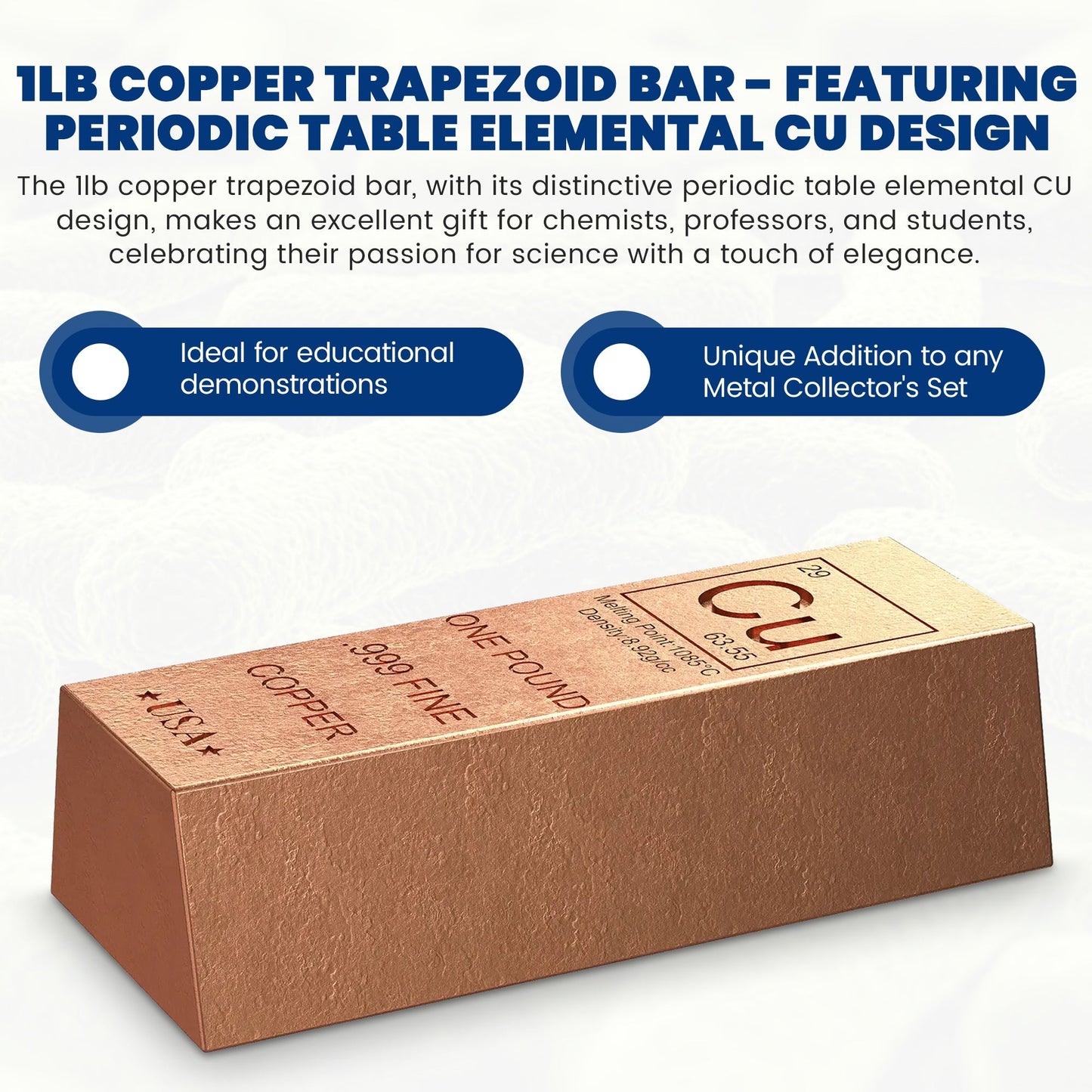 1 Pound Copper Bullion Bar Ingot Paperweight - 999 Pure Chemistry Element Design with Certificate of Authenticity GOLD TESTING EQUIPMENT
