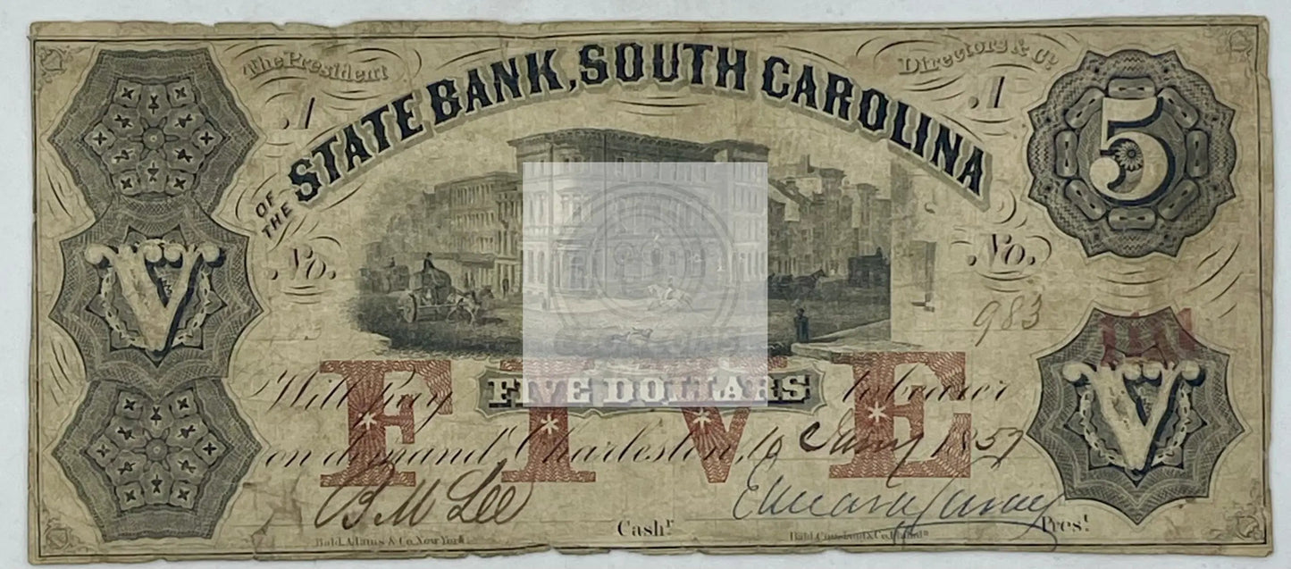 1857 5 Dollars State Bank of South Carolina CR# S-508, Used World banknote