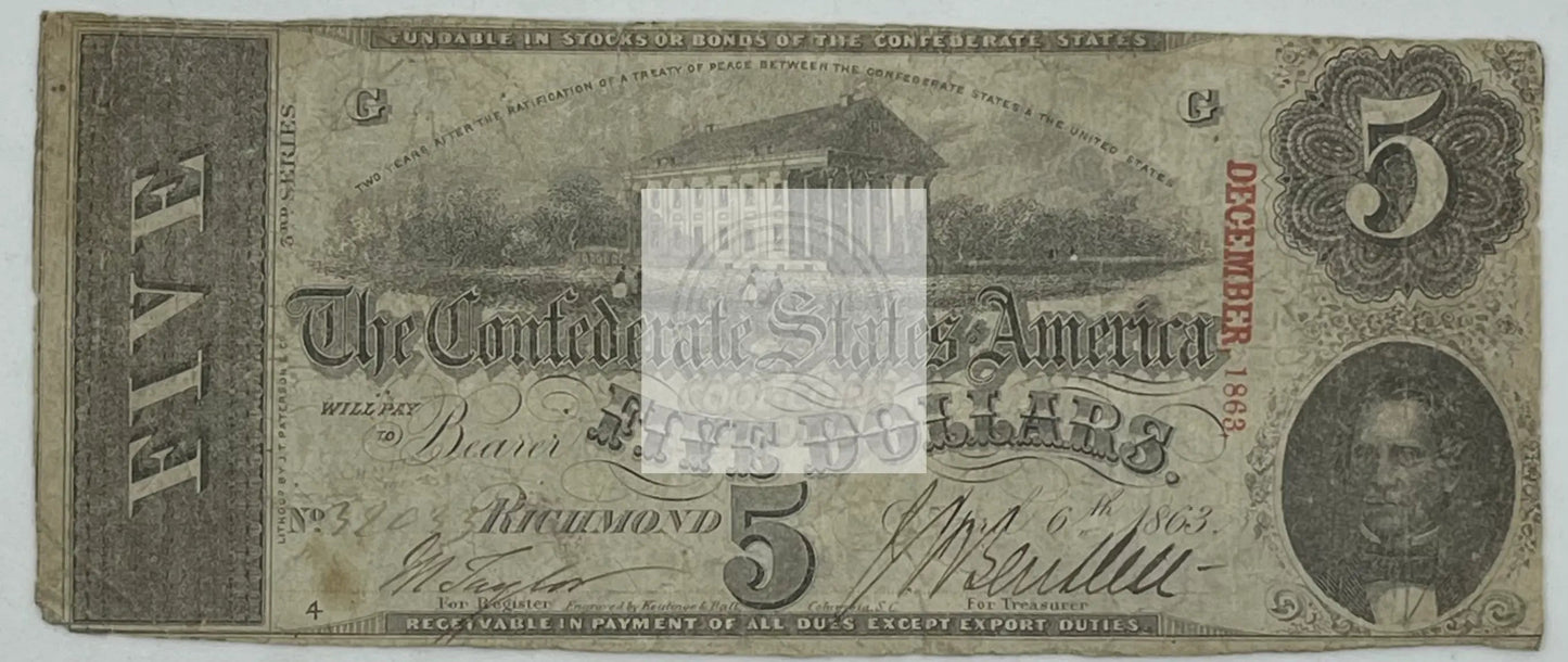 1863 Confederate States of America 5 Dollars