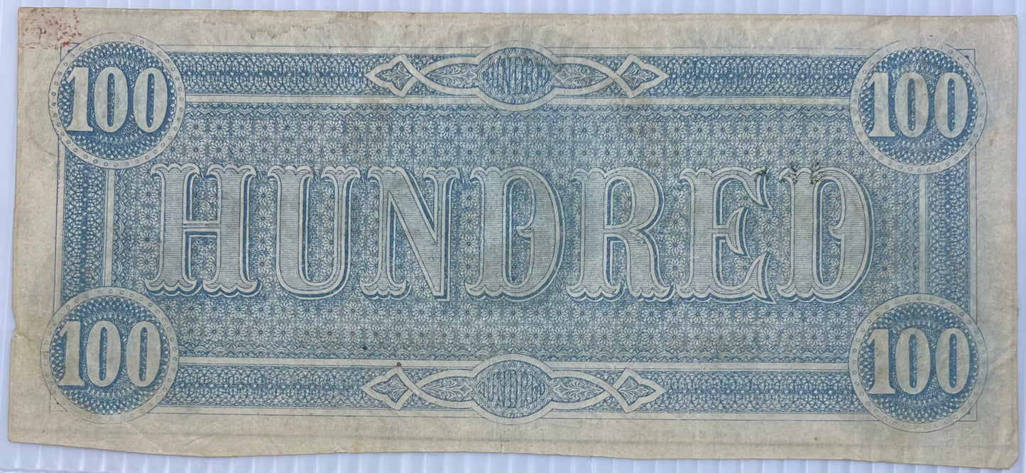 1864 100 Dollar Confederate Type 65 CR # 494 Used World Banknote