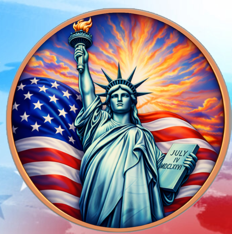 Statue of Liberty with American flag and 'July 4, 1776' text against a colorful sky.