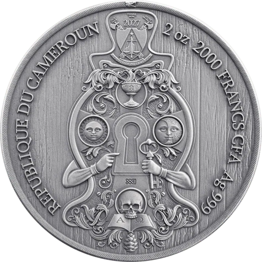 2027 Cameroon Secret Societies Freemasons 2 oz Silver Antiqued High Relief Coin