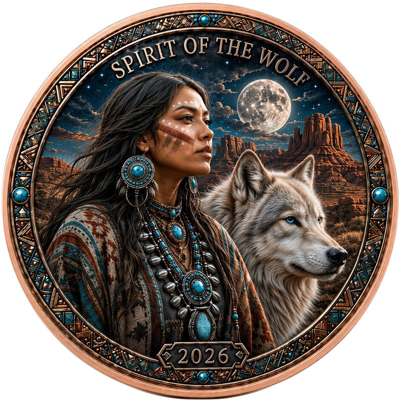 PRESALE – 2026 Navajo Nation Spirit of the Wolf UHR Colorized 1 oz .999 Copper Medal in Card
