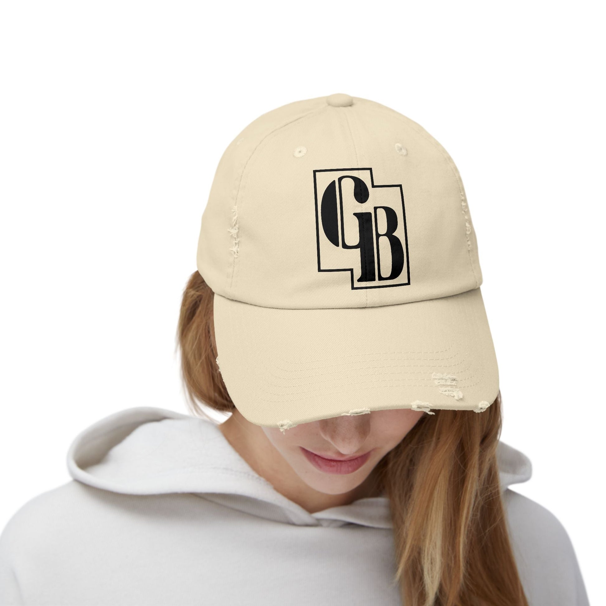 Unisex Distressed Cap with Bold Goldback Logo Graphic, Casual Hat for Everyday Wear, Gift for Sports Lovers, Trendy Accessories for Relaxed Vibes Printify