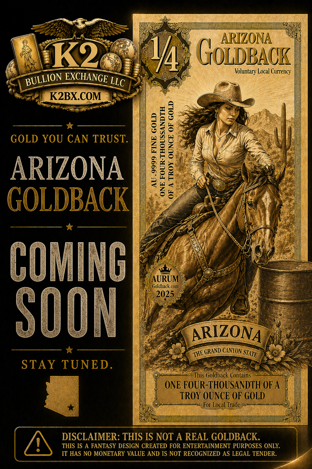 ARIZONA 1/4 GOLDBACK 1/4000TH OZ 24 K GOLD KXR