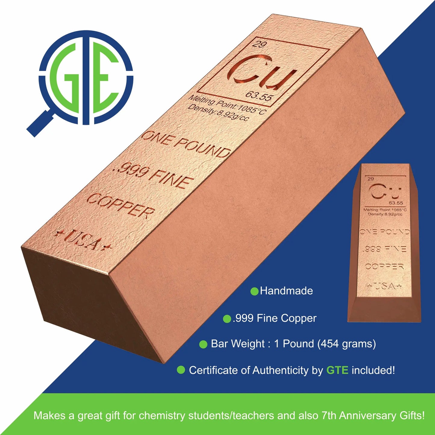 1 Pound Copper Bullion Bar Ingot Paperweight - 999 Pure Chemistry Element Design with Certificate of Authenticity GOLD TESTING EQUIPMENT