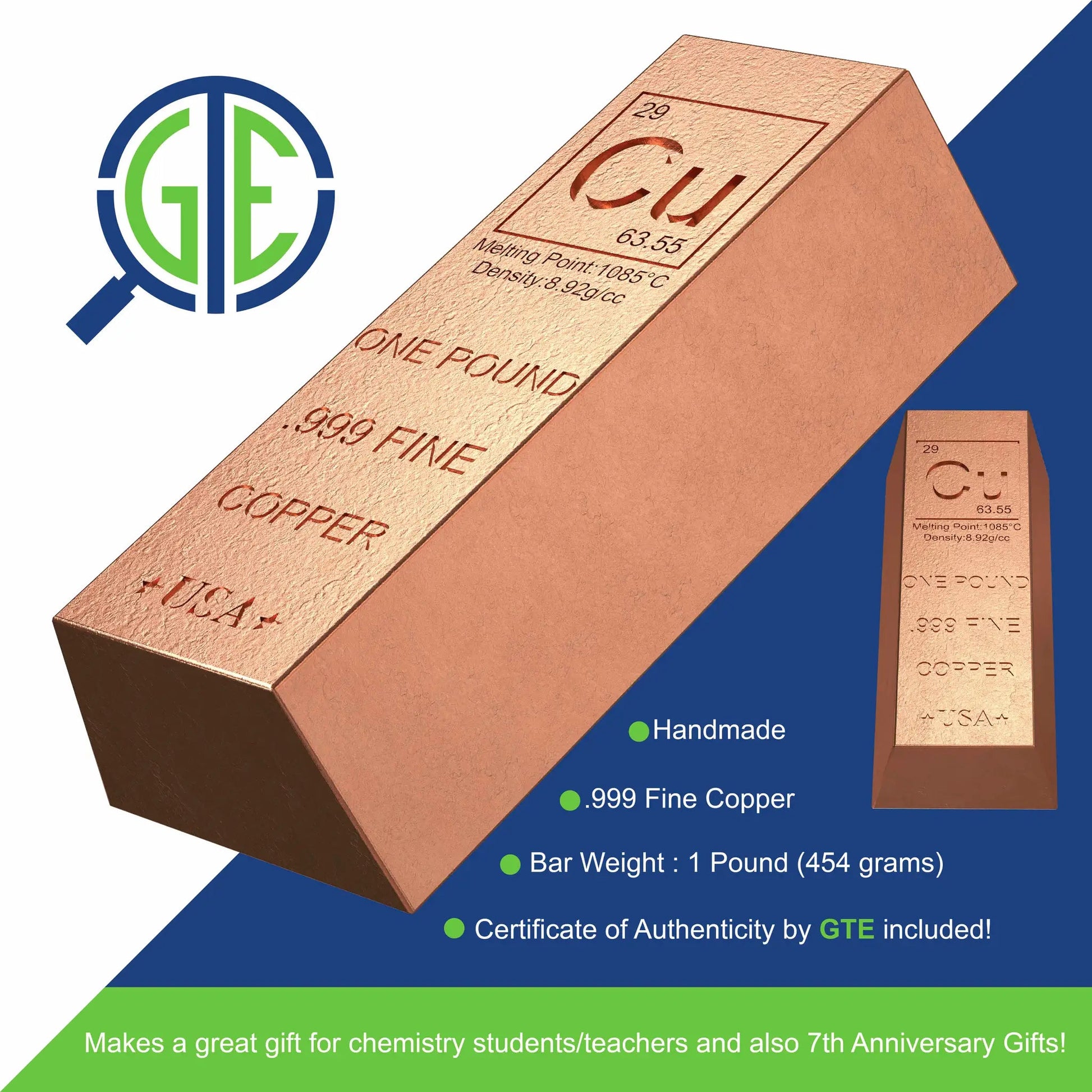 1 Pound Copper Bullion Bar Ingot Paperweight - 999 Pure Chemistry Element Design with Certificate of Authenticity GOLD TESTING EQUIPMENT