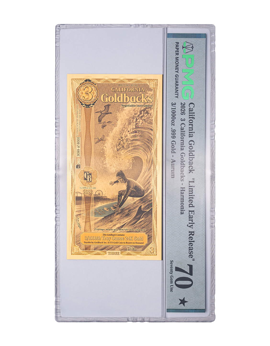 2026 California 3 Goldback PMG 70 Limited Early Release | Harmonia | Goldback®
