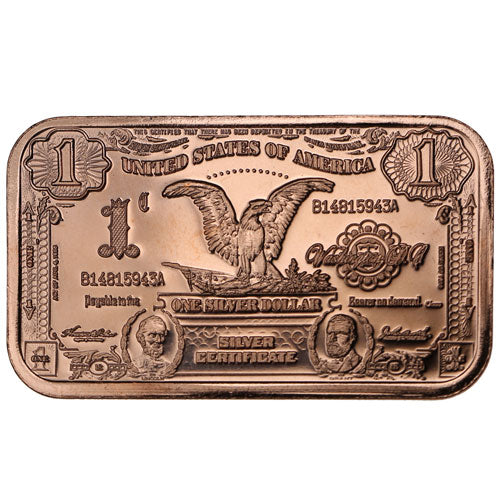 1 oz Copper Bar - $1 Black Eagle Note