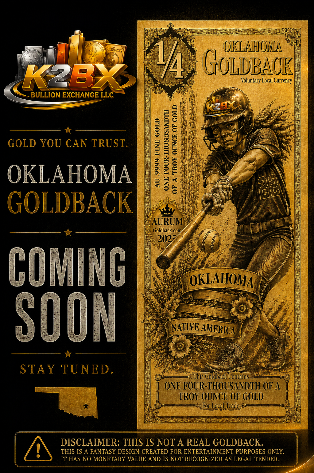 1/4 Oklahoma Goldback Alpha® | Quarter Goldback | K2BX