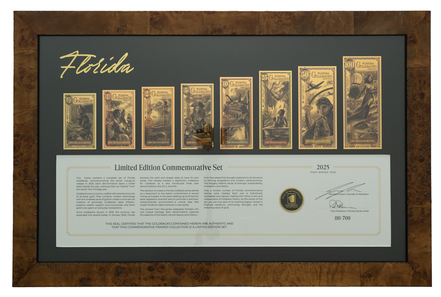 2025 Florida Goldback Commemorative Framed Set – Signed & Numbered /700