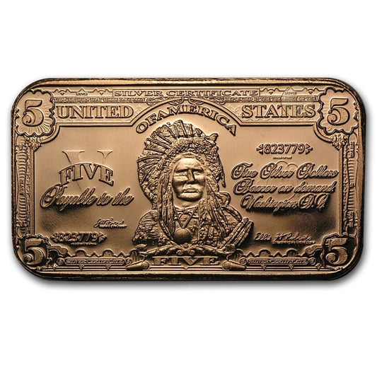 1 oz Copper Bar - $5 Indian Chief Note