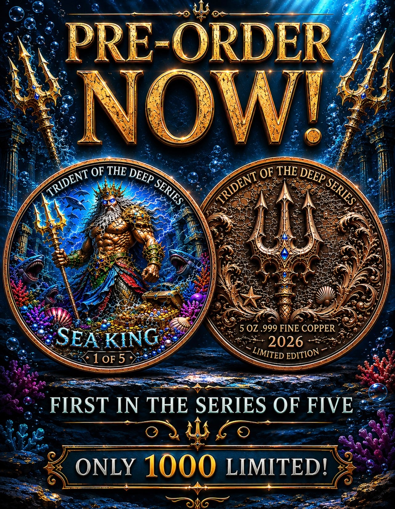 PRESALE – Sea King 5 oz .999 Fine Copper Round | Trident of the Deep Series #1 | Limited Mintage of 1,000