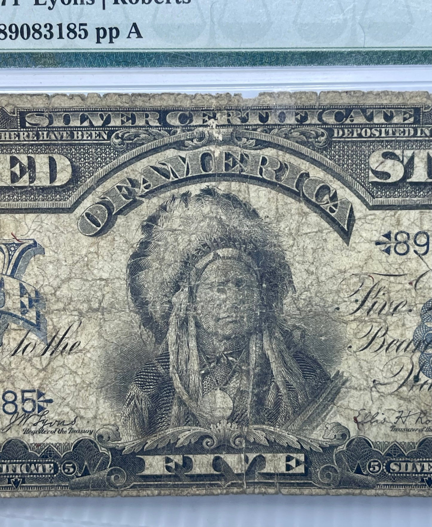 1899 $5 Silver Certificate Chief PMG 8 NET Fr271 Lyons Roberts