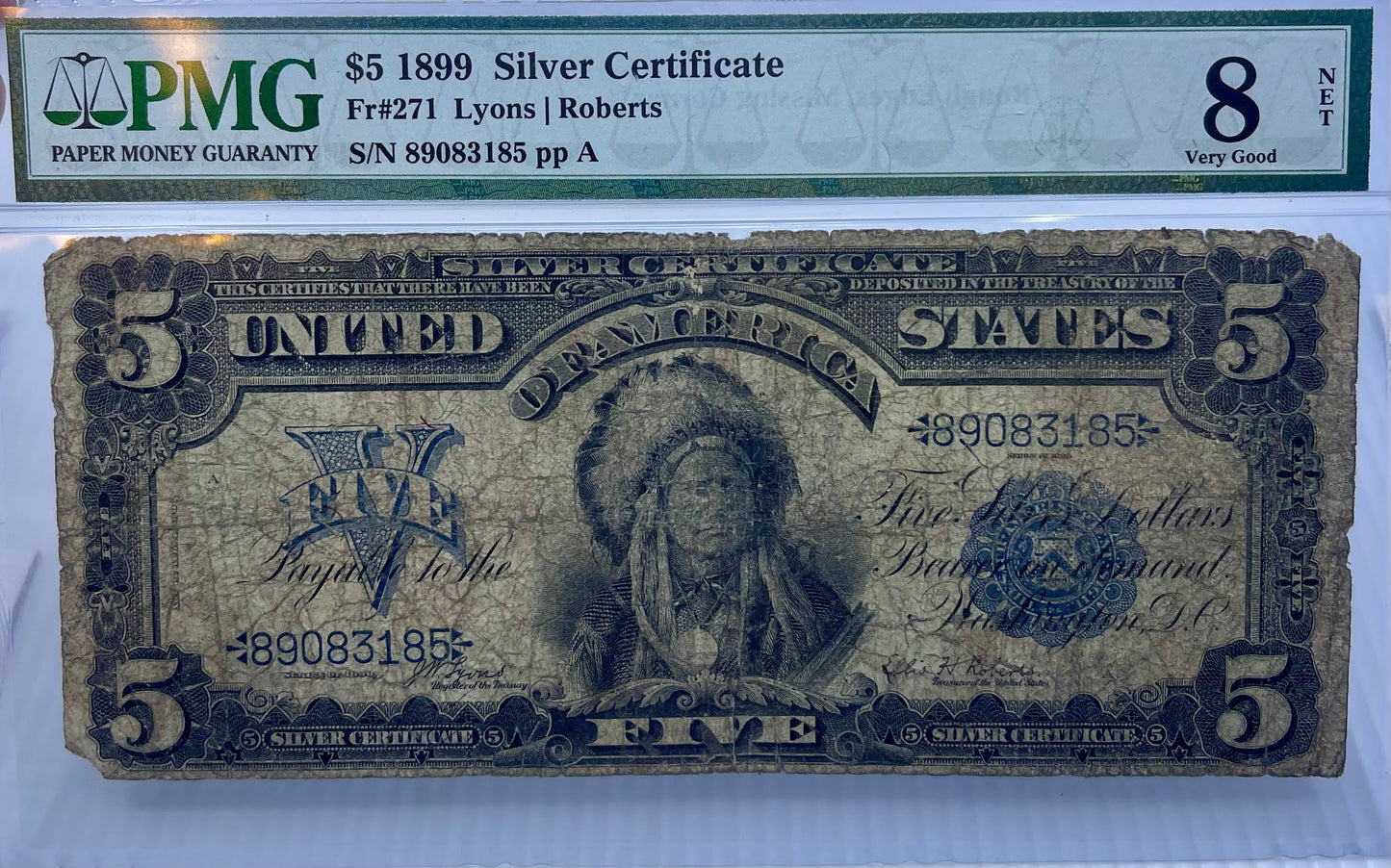 1899 $5 Silver Certificate Chief PMG 8 NET Fr271 Lyons Roberts