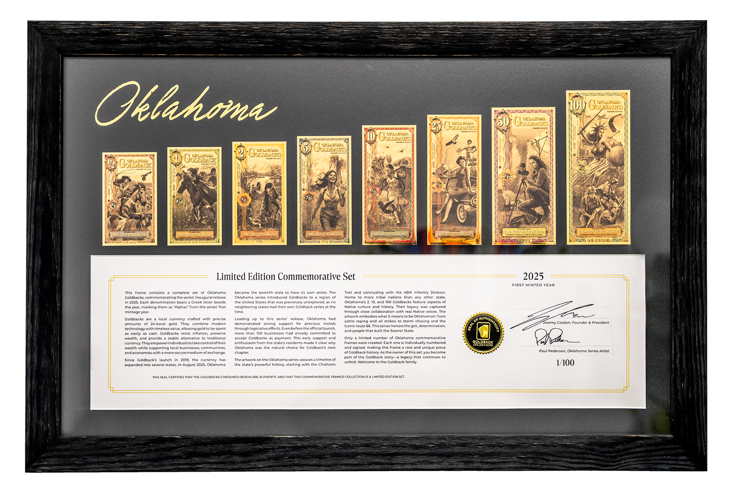 2025 Oklahoma Goldback Commemorative Framed Set – Signed & Numbered /100
