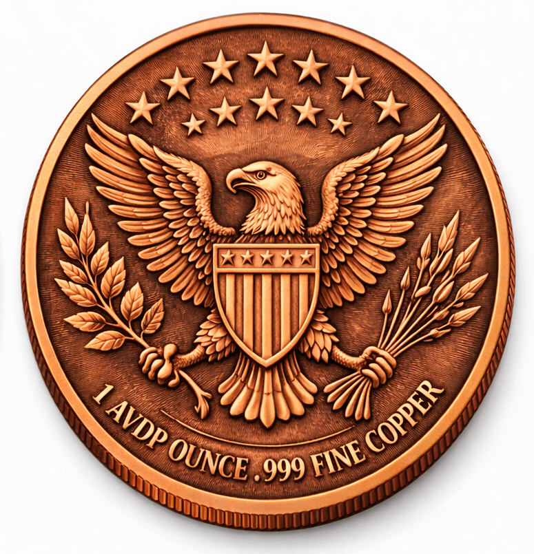 Copper coin with an eagle design on a white background
