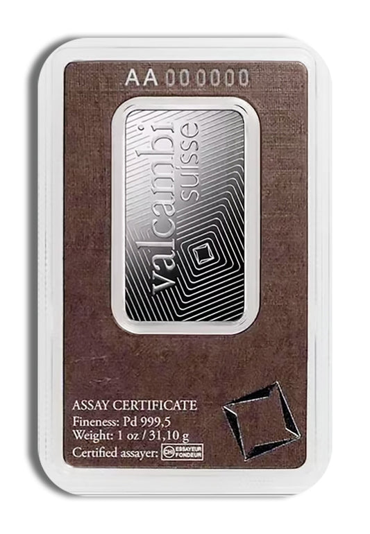 1 oz Palladium Bar - Valcambi (Carded)