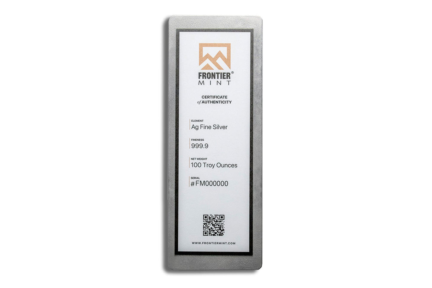 100 oz Silver Bar - Frontier Mint (Frosted)