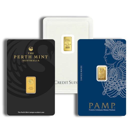 1 gram Gold Bar (Carded Brand Varies)- PAMP, Valcambi, IGR, Royal Mint 1g Gold