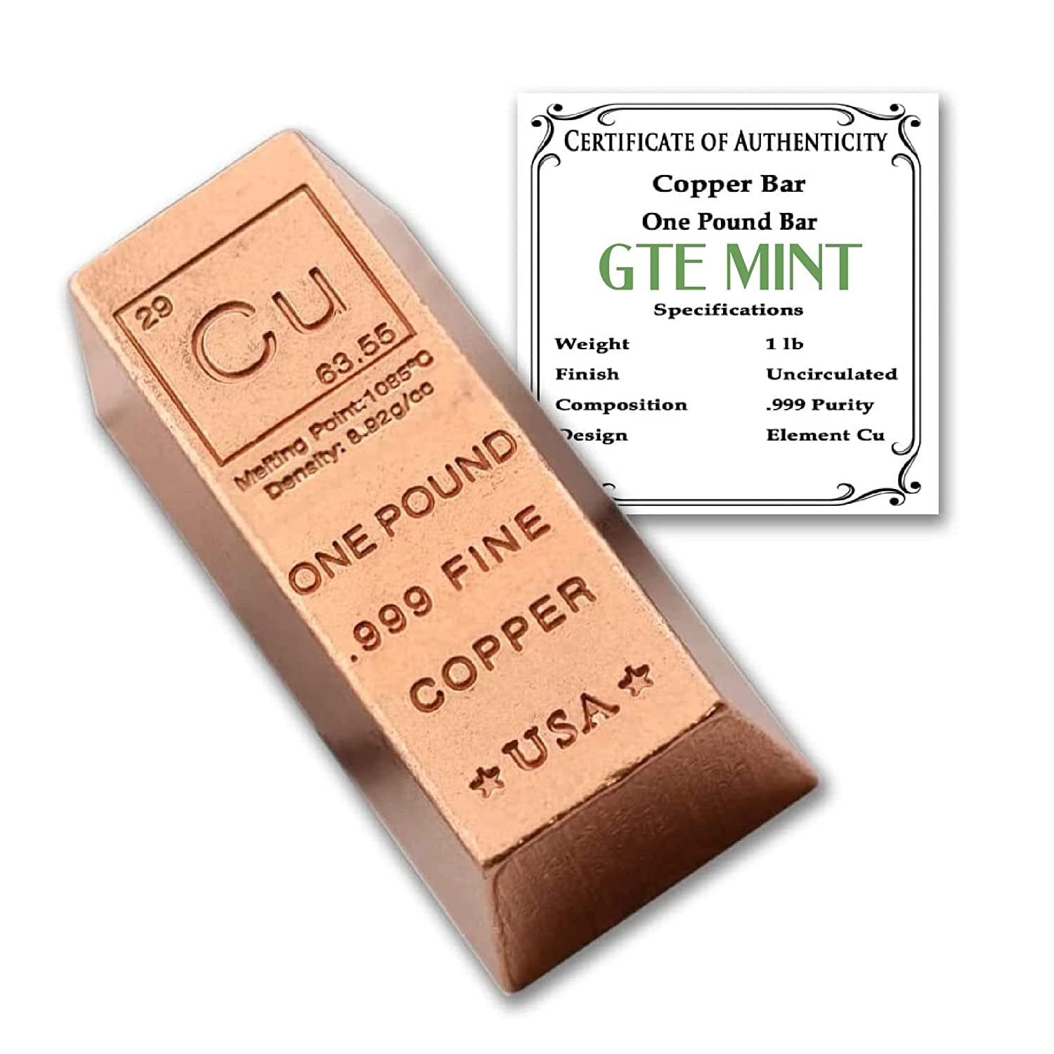 1 Pound Copper Bullion Bar Ingot Paperweight - 999 Pure Chemistry Element Design with Certificate of Authenticity GOLD TESTING EQUIPMENT